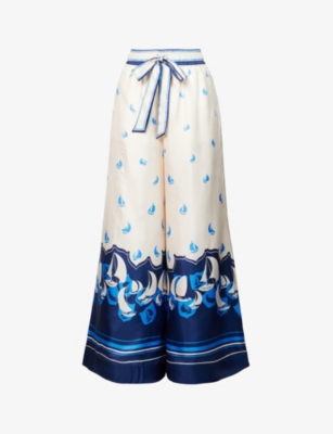 Zimmermann High Tide Relaxed Wide Leg Silk Pants In Blue Sailboats