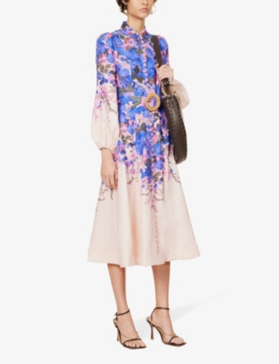 ZIMMERMANN Floral-print flared-hem linen midi dress