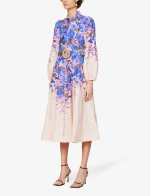 ZIMMERMANN Floral-print flared-hem linen midi dress