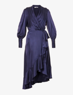 Zimmermann Womens Navy Plunge-neck Wrap-over Silk Midi Dress