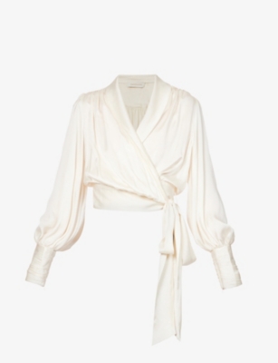Zimmermann Ruched Silk-satin Wrap Blouse In Cream