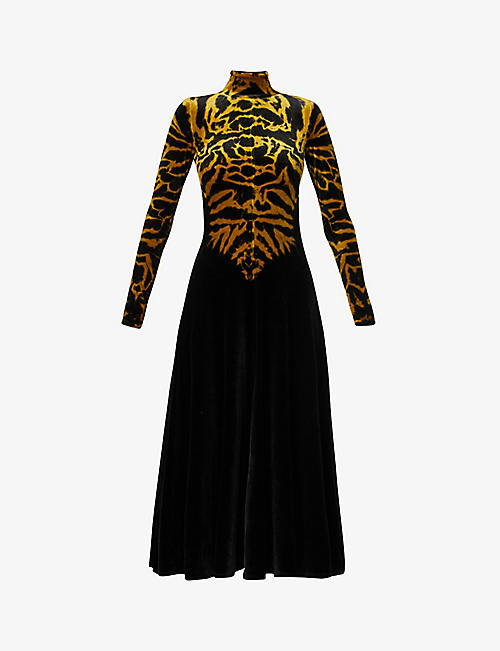 PROENZA SCHOULER: Abstract-print high-neck&nbsp;velvet maxi dress