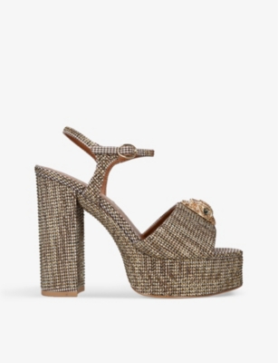 Shop Kurt Geiger London Women's Beige Kensington Houndstooth Woven Platform Sandals In White