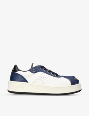KENZO KENZO MEN'S WHITE/NAVY HOOPS LOGO-EMBOSSED LEATHER LOW-TOP TRAINERS,61911384