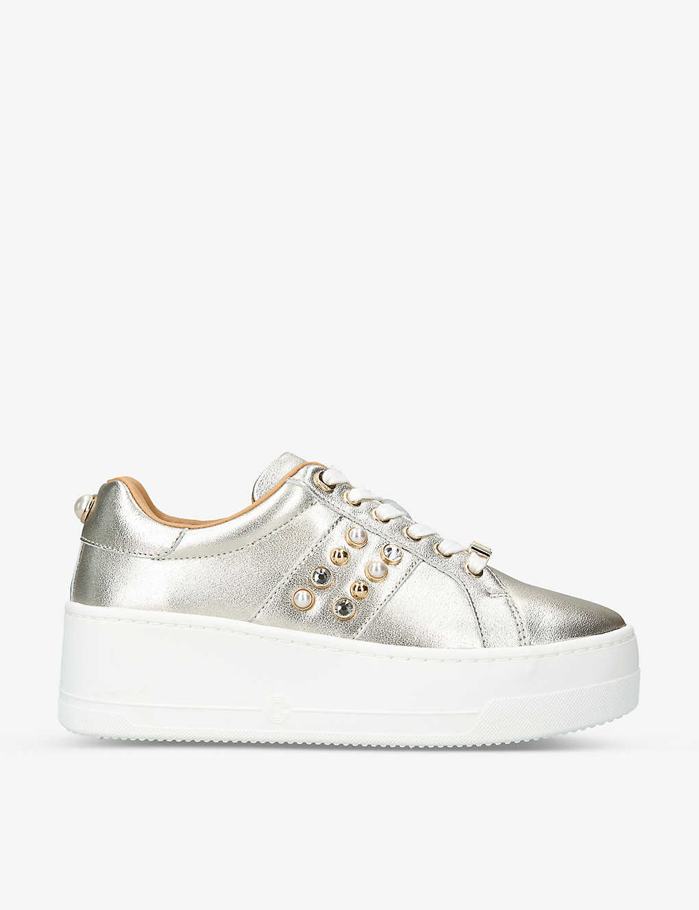 Carvela Womens Gold Precious Crystal And Faux Pearl-embellished Low-top Metallic-leather Trainers