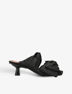 Shop Ganni Bow-embellished Square-toe Recycled-polyester Blend Heeled Mules In Black