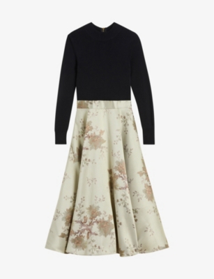 TED BAKER Zolah floral-print panelled knitted and woven midi