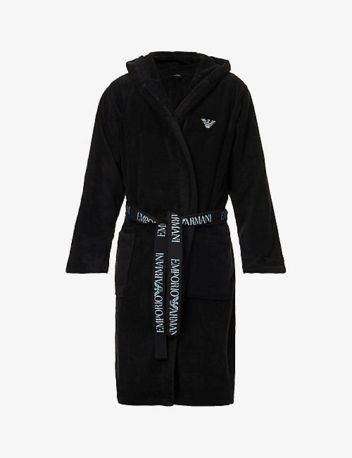 EMPORIO ARMANI: Hooded logo-embroidered cotton-towelling robe