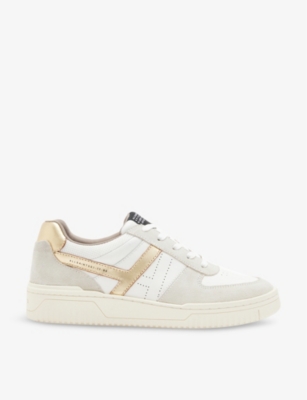 Allsaints Vix Logo-embroidered Suede And Leather Low-top Trainers In White/gold