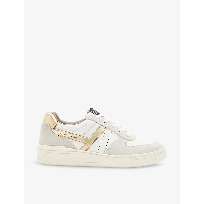 Allsaints Vix Logo-embroidered Suede And Leather Low-top Trainers In White/gold