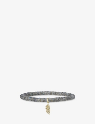 SYDNEY EVAN: Feather charm 14ct yellow-gold, 0.088ct brilliant-cut diamond and labradorite beaded bracelet