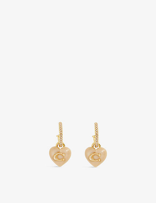 COACH: Heart brass and crystal hoop earrings