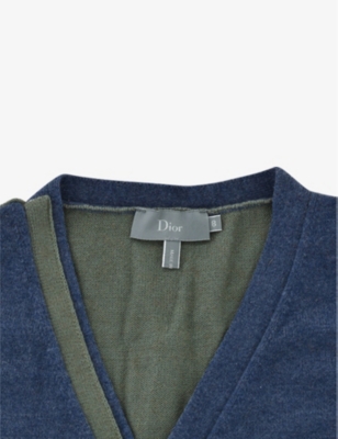 Shop Kidswear Collective Pre-loved Dior Cotton And Cashmere-blend V-neck Cardigan In Stone Blue Green