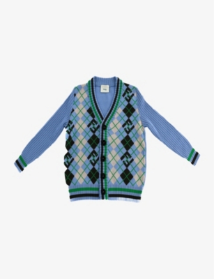 Kidswear Collective Girls Light Blue Kids Pre-loved Fendi Argyle-print Cotton Cardigan