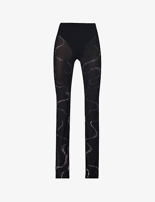 CLIO PEPPIATT: Bead-embellished slim-fit flared-leg stretch-woven trousers