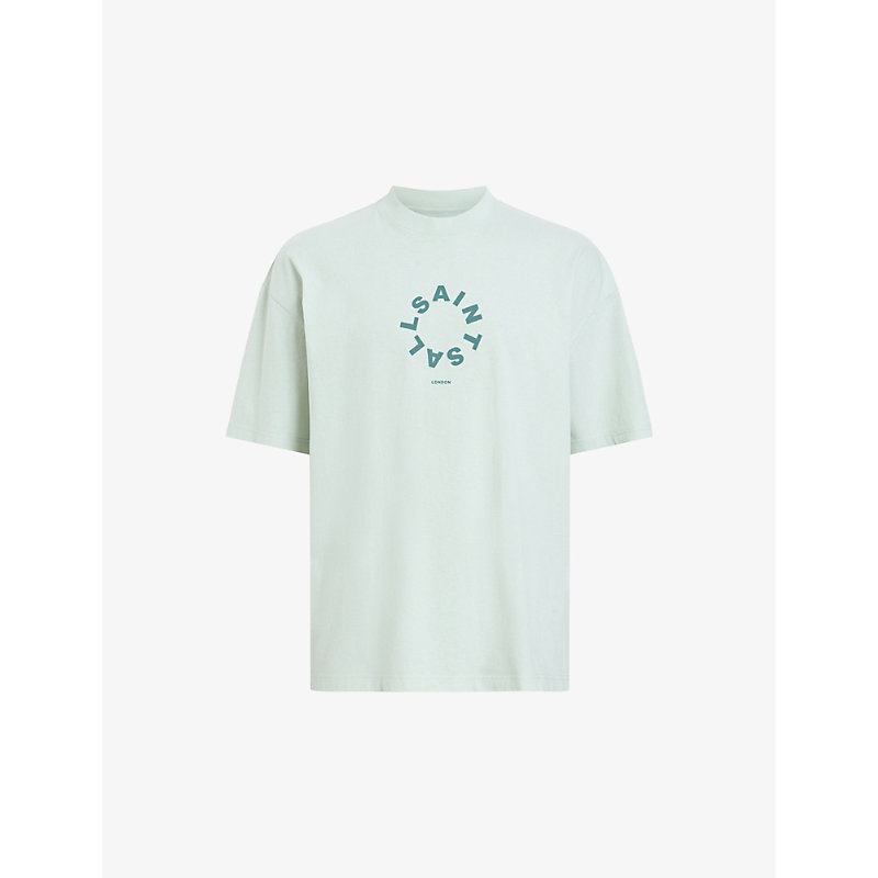 Shop Allsaints Men's Aquatic Blue Tierra Brand-print Organic Cotton-jersey T-shirt