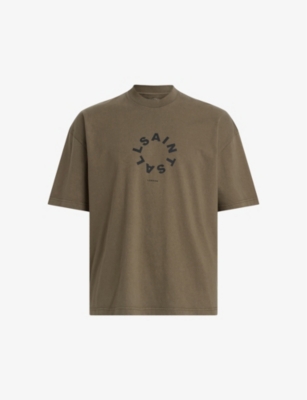 Shop Allsaints Men's Ash Khaki Gree Tierra Brand-print Organic Cotton-jersey T-shirt
