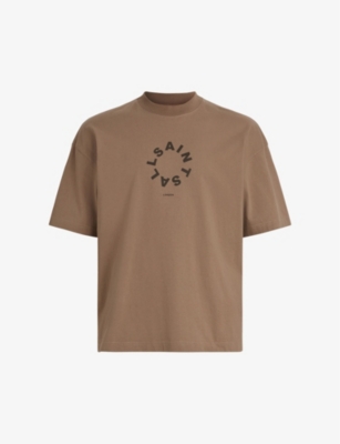 Allsaints Tierra Brand-print Organic Cotton-jersey T-shirt In Chai Brown