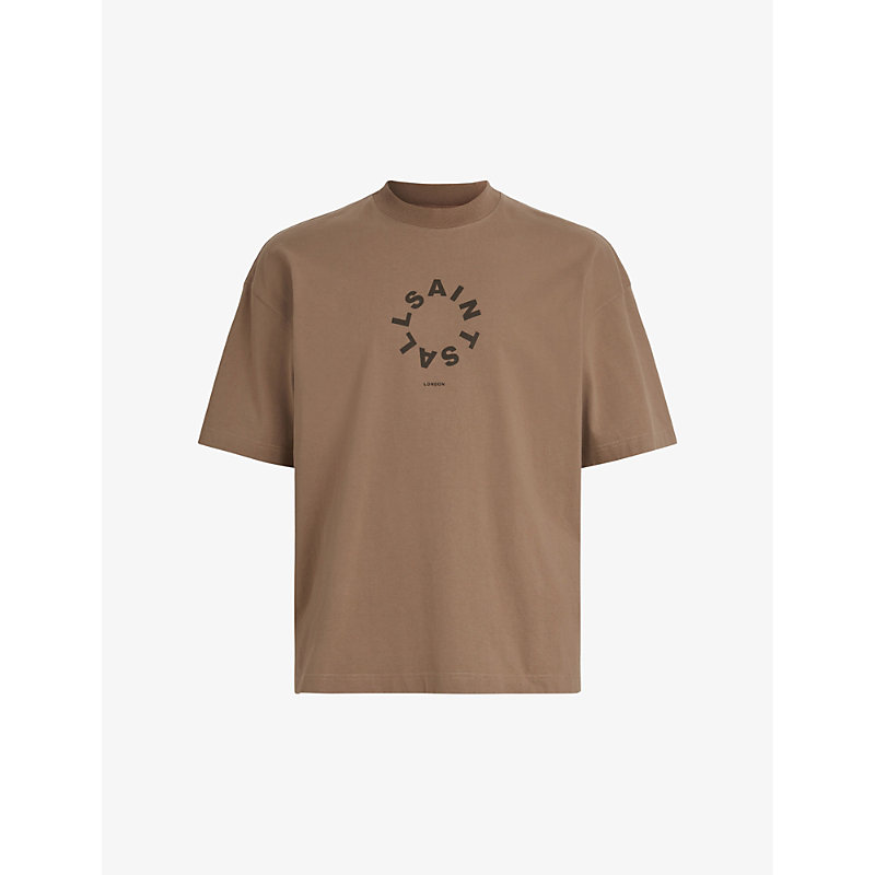 Allsaints Tierra Brand-print Organic Cotton-jersey T-shirt In Chai Brown
