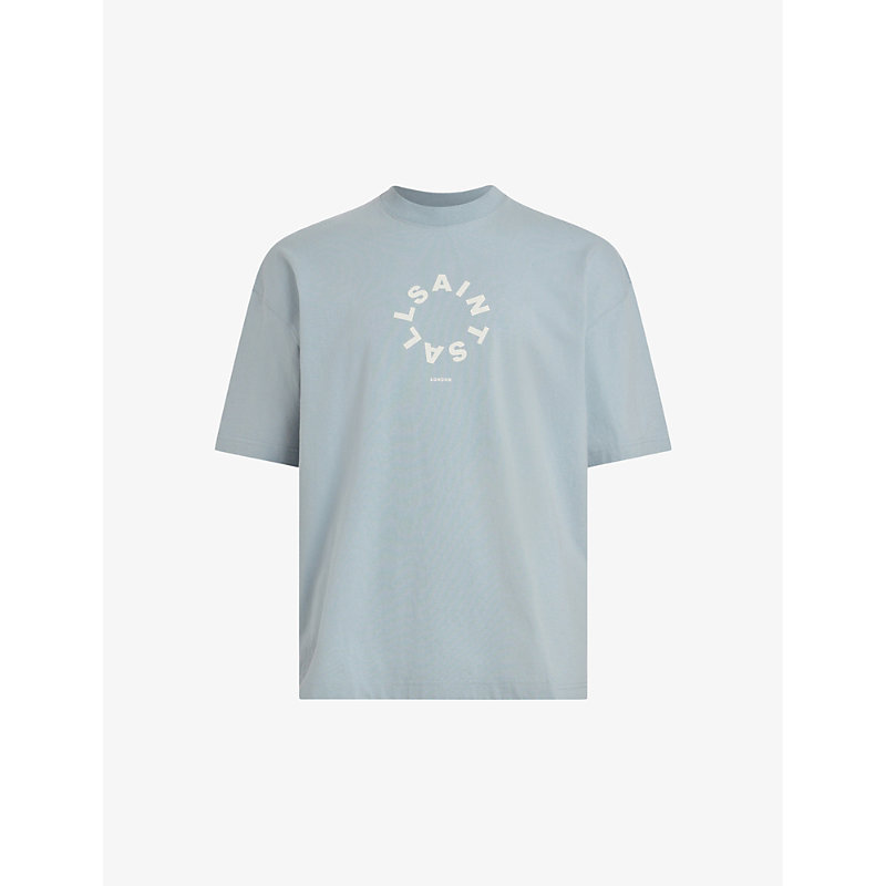 Allsaints Mens Cloudy Blue Tierra Brand-print Organic Cotton-jersey T-shirt