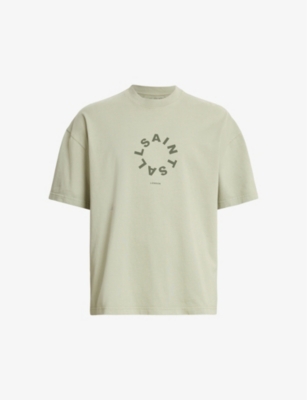 Shop Allsaints Men's Herb Green Tierra Brand-print Organic Cotton-jersey T-shirt