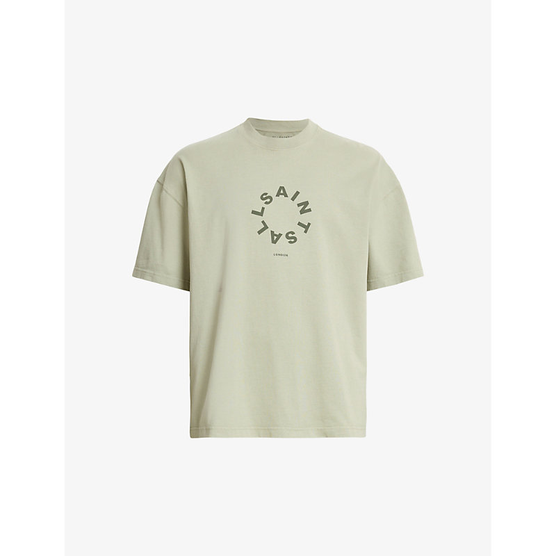 Shop Allsaints Men's Herb Green Tierra Brand-print Organic Cotton-jersey T-shirt