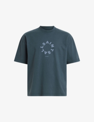 Shop Allsaints Men's Marine Blue Tierra Brand-print Organic Cotton-jersey T-shirt