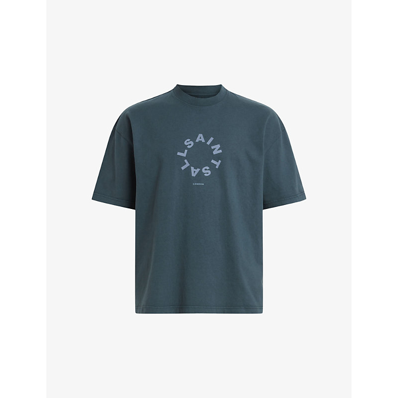 Shop Allsaints Tierra Brand-print Organic Cotton-jersey T-shirt In Marine Blue