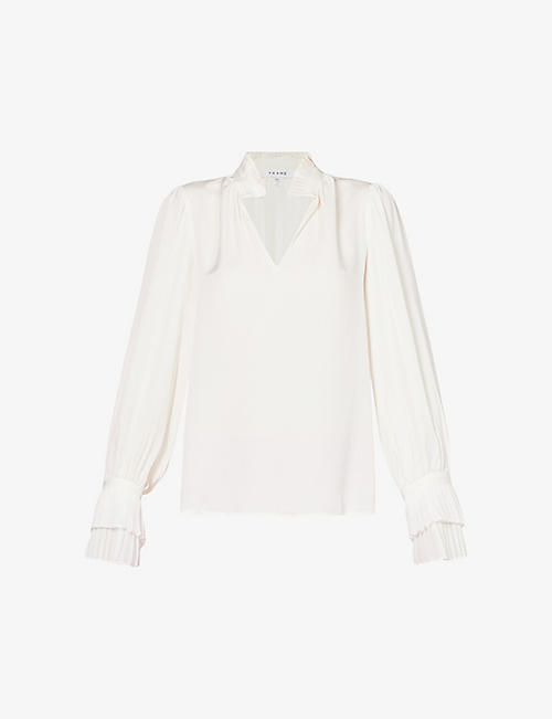 FRAME: Pleated-cuffs V-neck silk blouse
