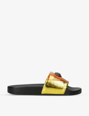 Shop Kurt Geiger London Women's Mult/other Meena Eagle-embellished Striped Rubber Sliders In Multi-coloured