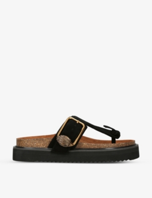 Kurt Geiger London Womens Black Eagle Buckled Toe-post Suede Sandals In Black