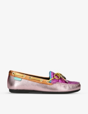 KURT GEIGER LONDON: Eagle-embellished rainbow-print leather moccasin shoes