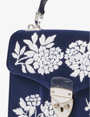 Shop Aspinal Of London Navy Mayfair Midi Flower-embroidery Velvet Leather Shoulder Bag