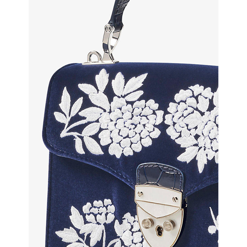 Shop Aspinal Of London Navy Mayfair Midi Flower-embroidery Velvet Leather Shoulder Bag