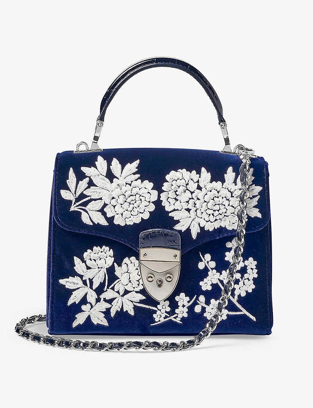 Aspinal Of London Mayfair Midi Flower-embroidery Velvet Leather Shoulder Bag In Navy