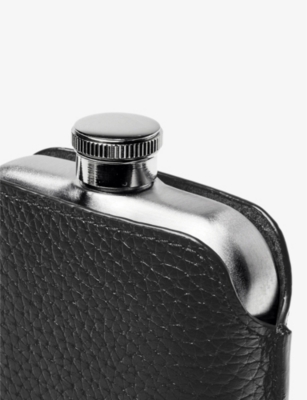 Shop Aspinal Of London Black Grained-leather Pouch And Stainless-steel Hip Flask