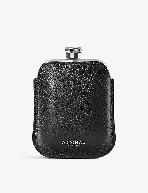 ASPINAL OF LONDON: Grained-leather pouch and stainless-steel hip flask