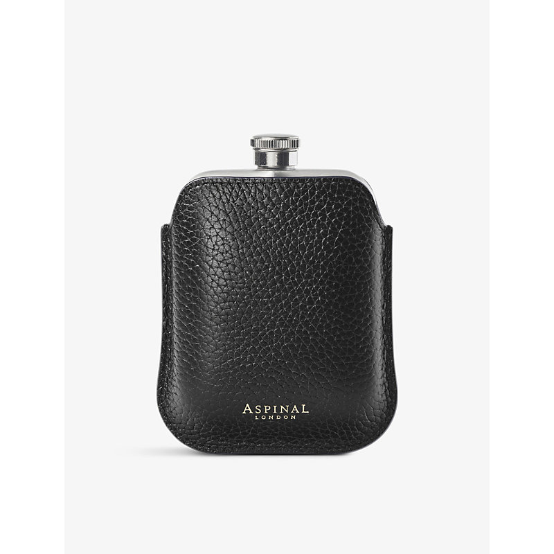 Aspinal Of London Black 5oz Stainless Steel Hip Flask And Leather Pouch