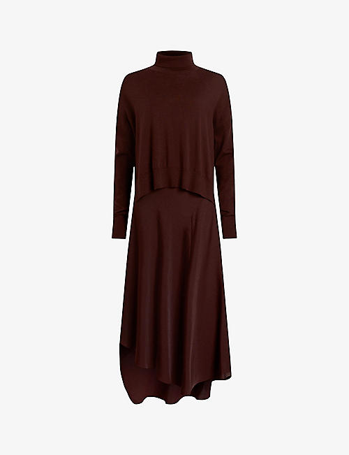 ALLSAINTS: Lena layered 2-in-1 recycled-polyester and wool midi dress
