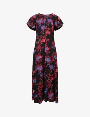 Reiss Leni Floral Print Cap Sleeve Midi Dress In Multi-coloured