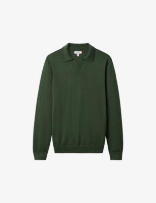 Reiss Milburn Wool Sweater Knit Slim Fit Open Collar Polo Shirt In Hunting Green