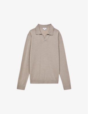 Reiss Milburn - Mink Merino Wool Open Collar Polo Shirt, Xxl In Mink