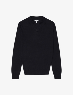 Shop Reiss Mens Navy Milburn Open-collar Wool Jumper