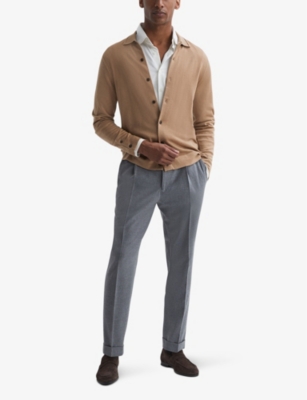 REISS MENS CAMEL FORBES BUTTONED WOOL CARDIGAN 