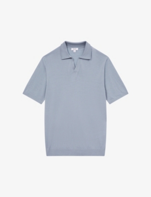 REISS REISS MEN'S DOVE BLUE DUCHIE OPEN-NECK WOOL POLO SHIRT,62326491