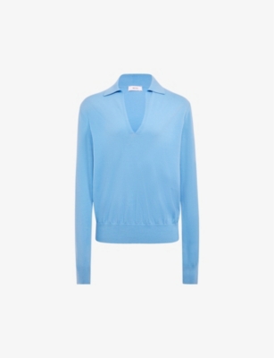 Reiss Womens Blue Collared V-neck Knitted-woven Top In Blue