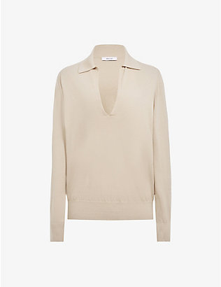 REISS: Collared knitted-woven top