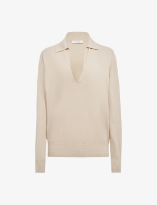 Reiss Womens Camel Collared V-neck Knitted-woven Top In Camel