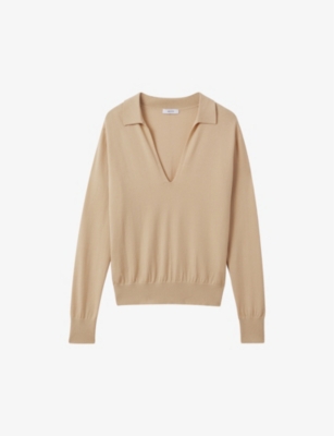 Reiss Stone Nellie Knitted Collared V-neck Top In Stone