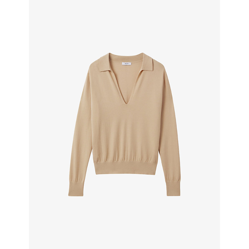 Shop Reiss Nellie V-neck Knitted-woven Top In Stone